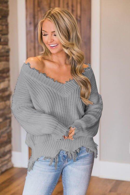 Joyous Frayed Dropped Shoulder Sweater - Klazzi Fashion Boutique