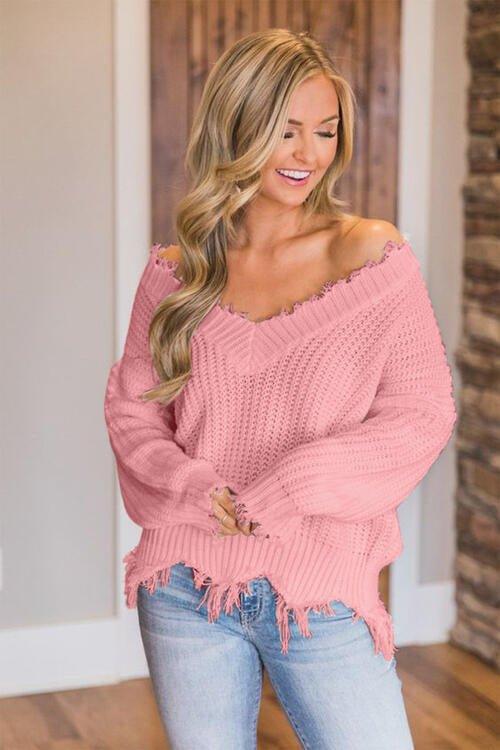 Joyous Frayed Dropped Shoulder Sweater - Klazzi Fashion Boutique