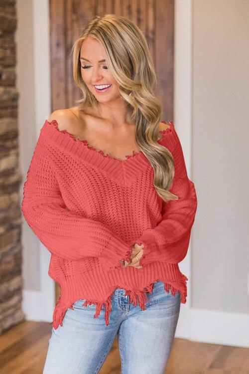 Joyous Frayed Dropped Shoulder Sweater - Klazzi Fashion Boutique