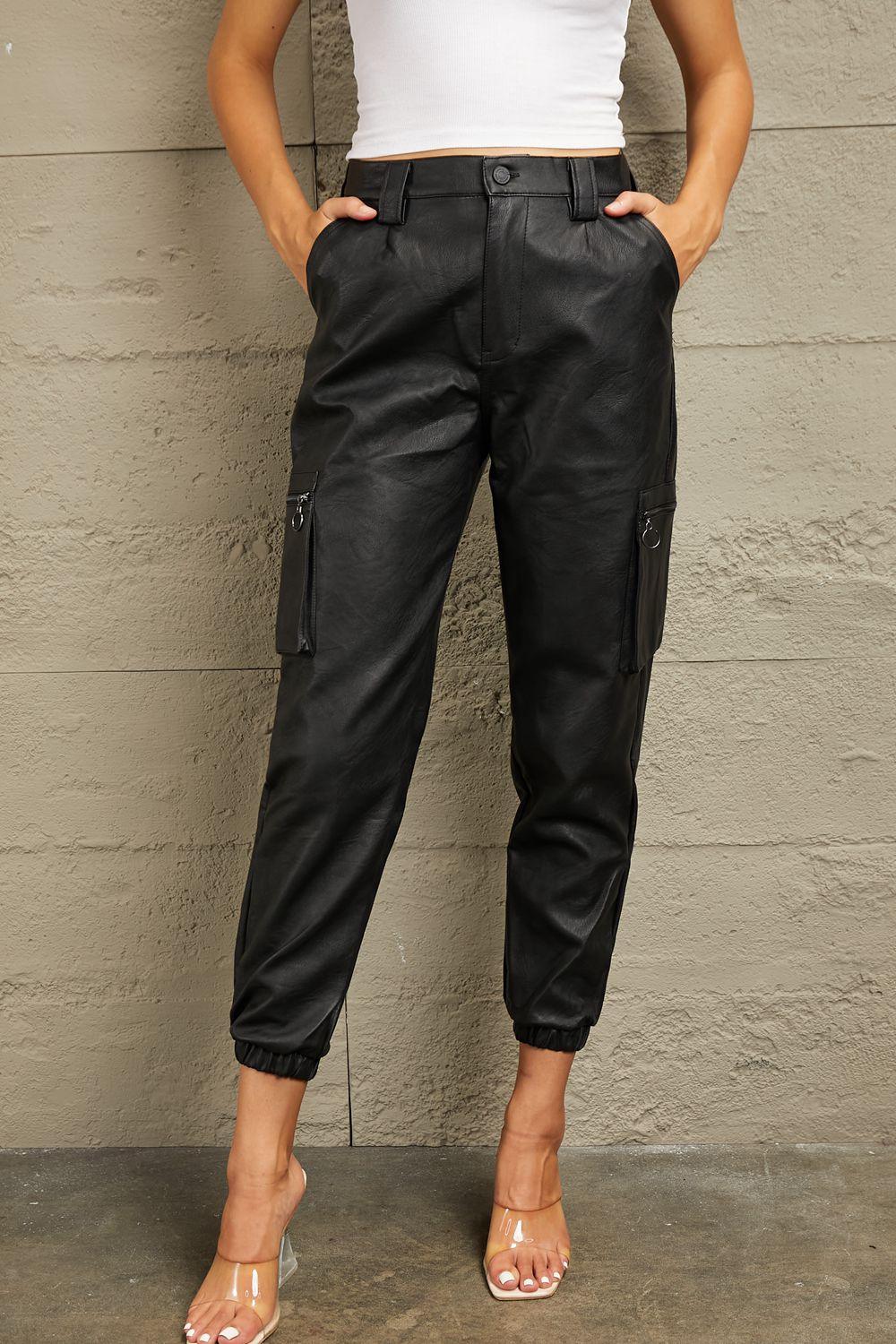 Kancan Black High Rise Leather Joggers - Klazzi Fashion Boutique