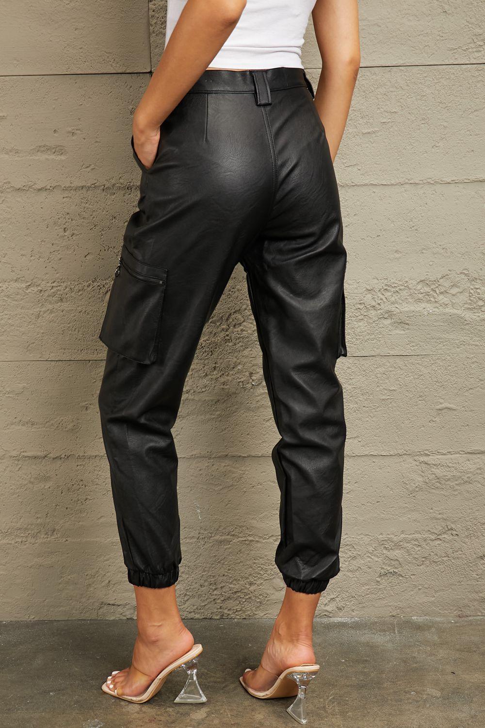 Kancan Black High Rise Leather Joggers - Klazzi Fashion Boutique