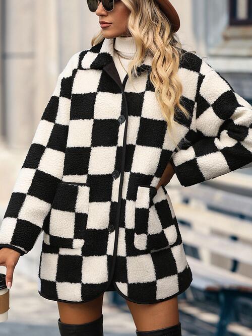 Kathy Black Checkered Button Coat - Klazzi Fashion Boutique