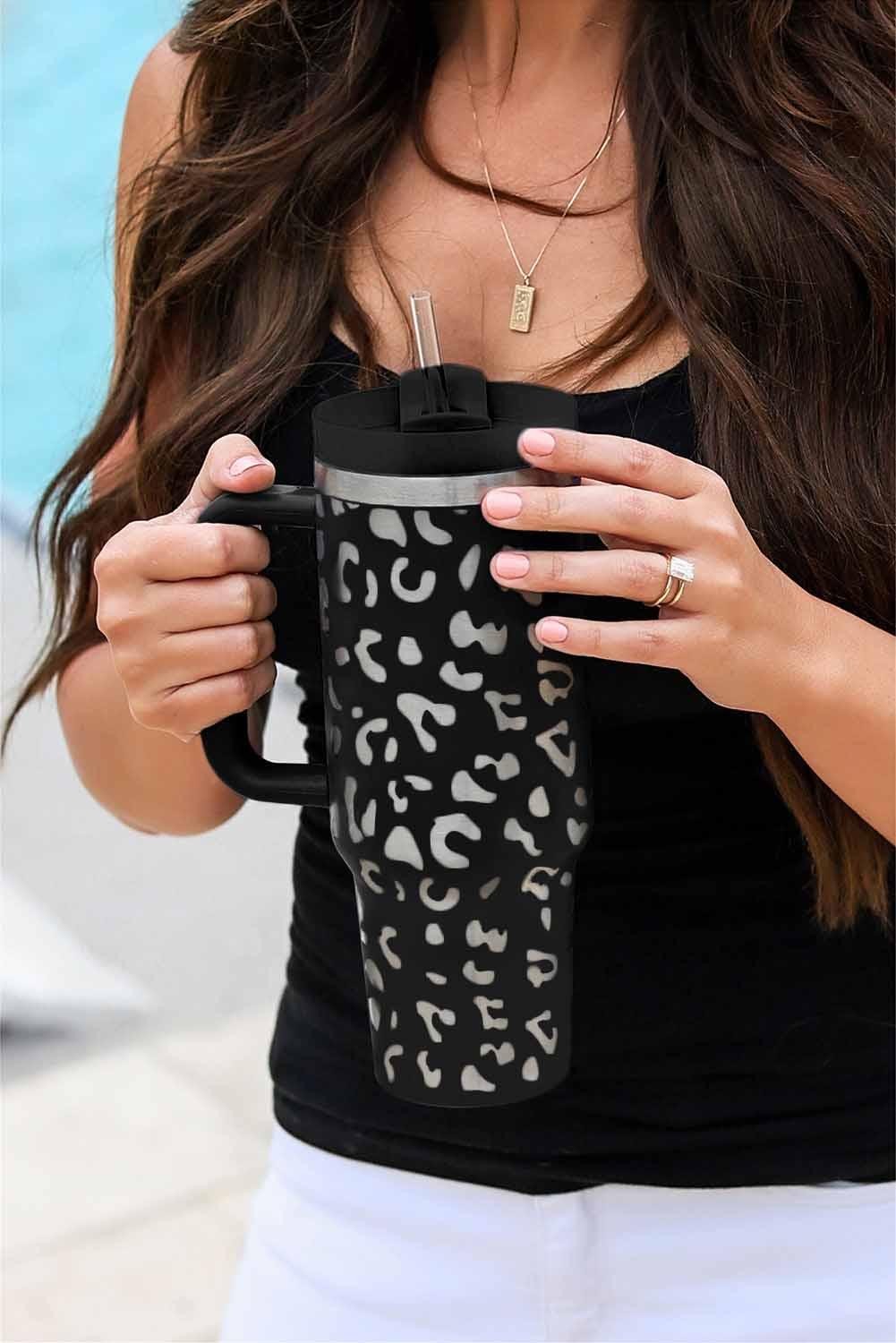 Leopard Print Tumbler with Handle - Klazzi Fashion Boutique