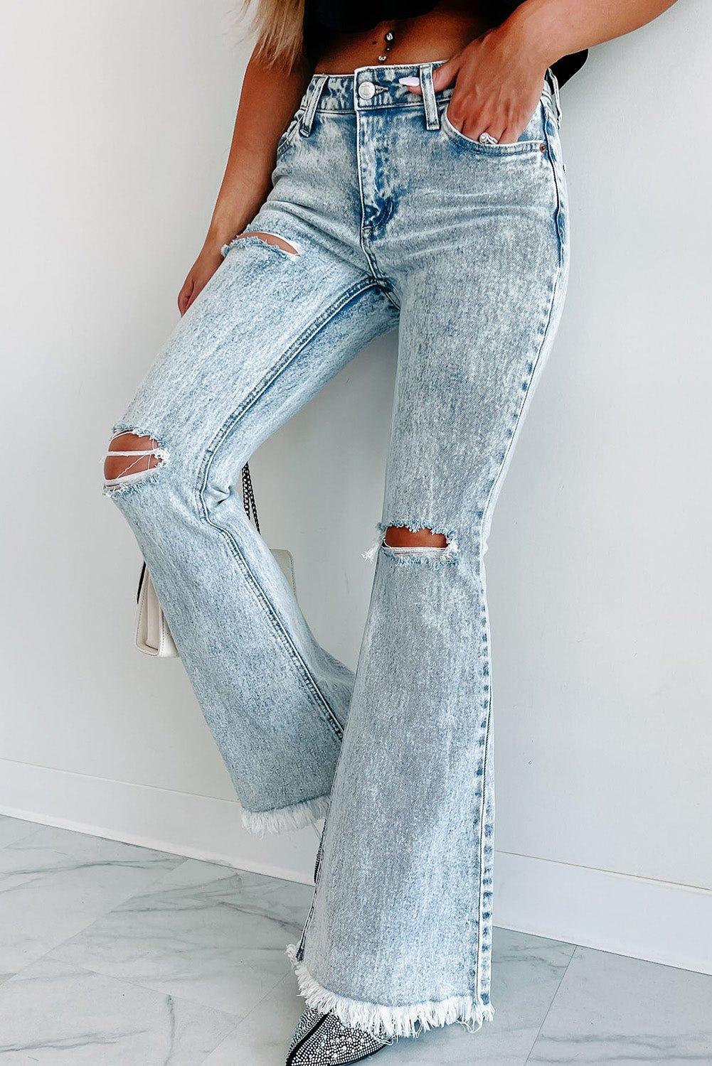 Light Washed Distressed Flare Jeans - Klazzi Fashion Boutique