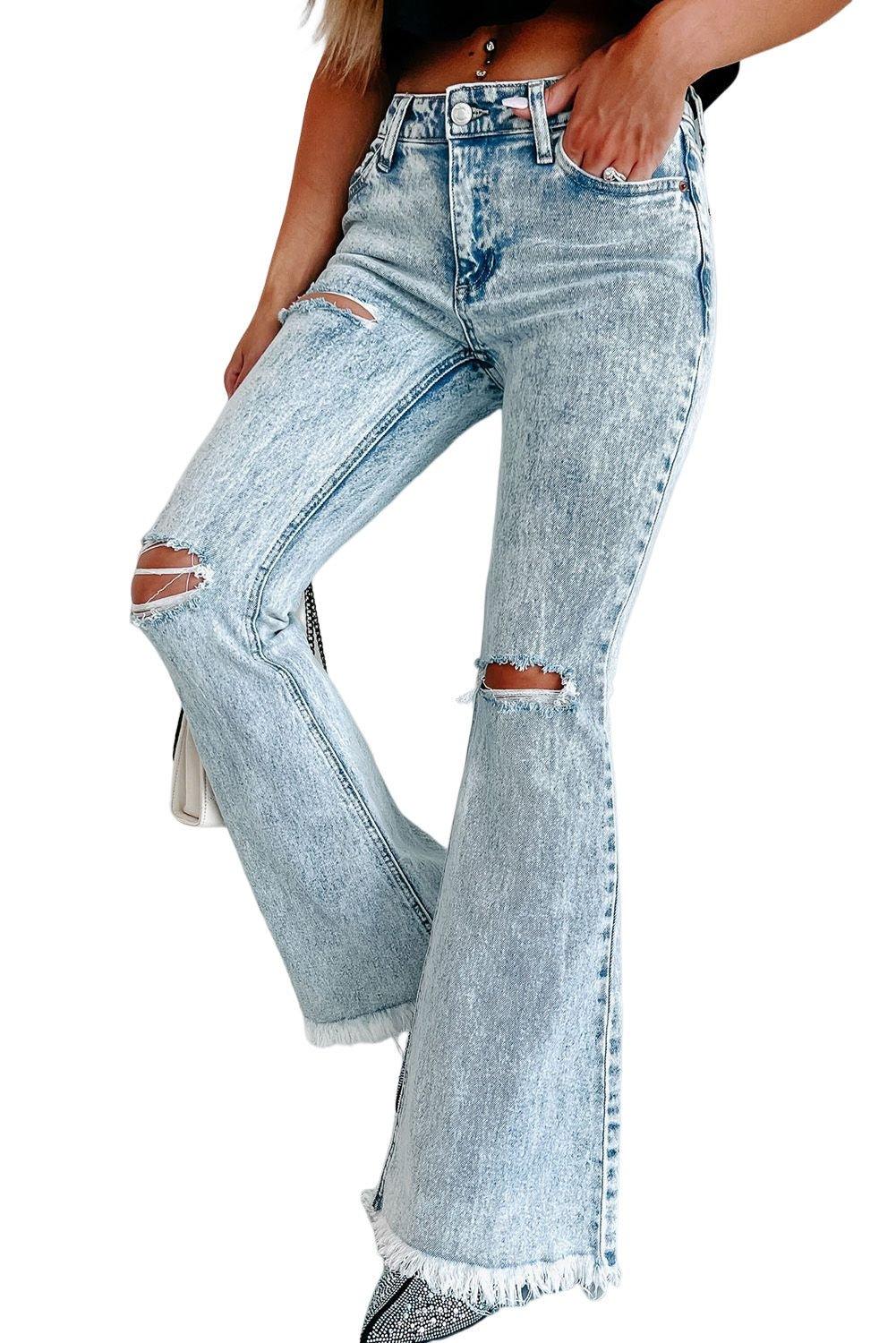 Light Washed Distressed Flare Jeans - Klazzi Fashion Boutique