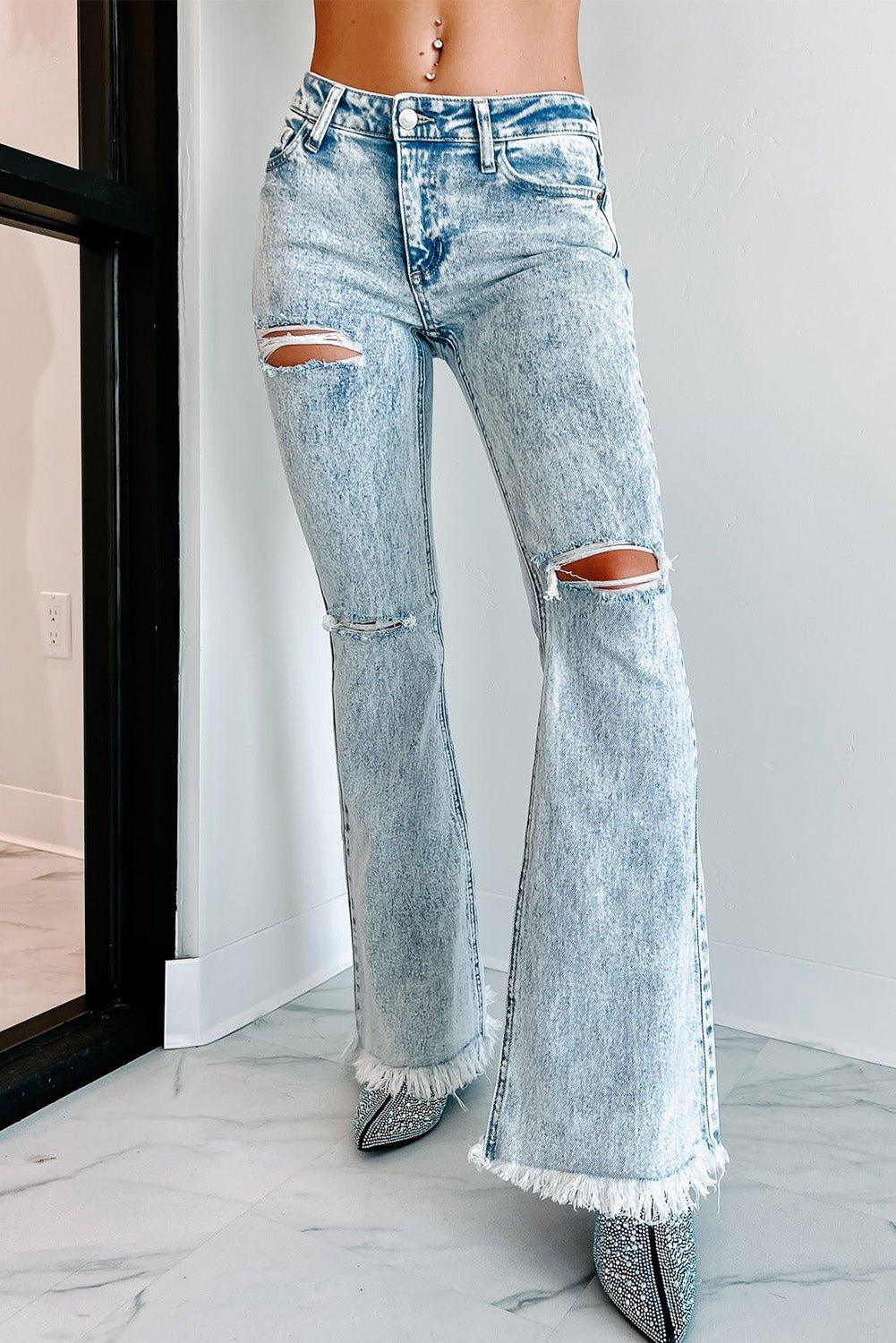 Light Washed Distressed Flare Jeans - Klazzi Fashion Boutique