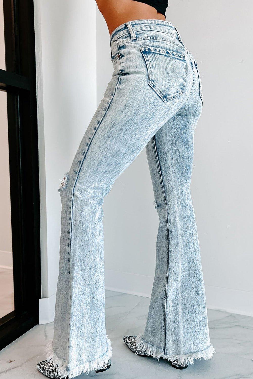 Light Washed Distressed Flare Jeans - Klazzi Fashion Boutique