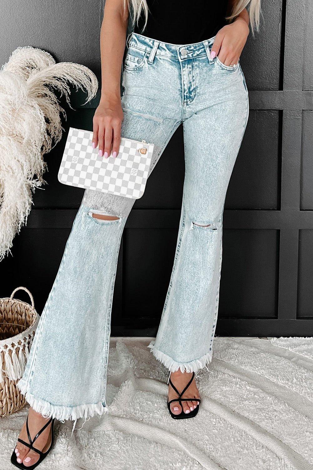 Light Washed Distressed Flare Jeans - Klazzi Fashion Boutique