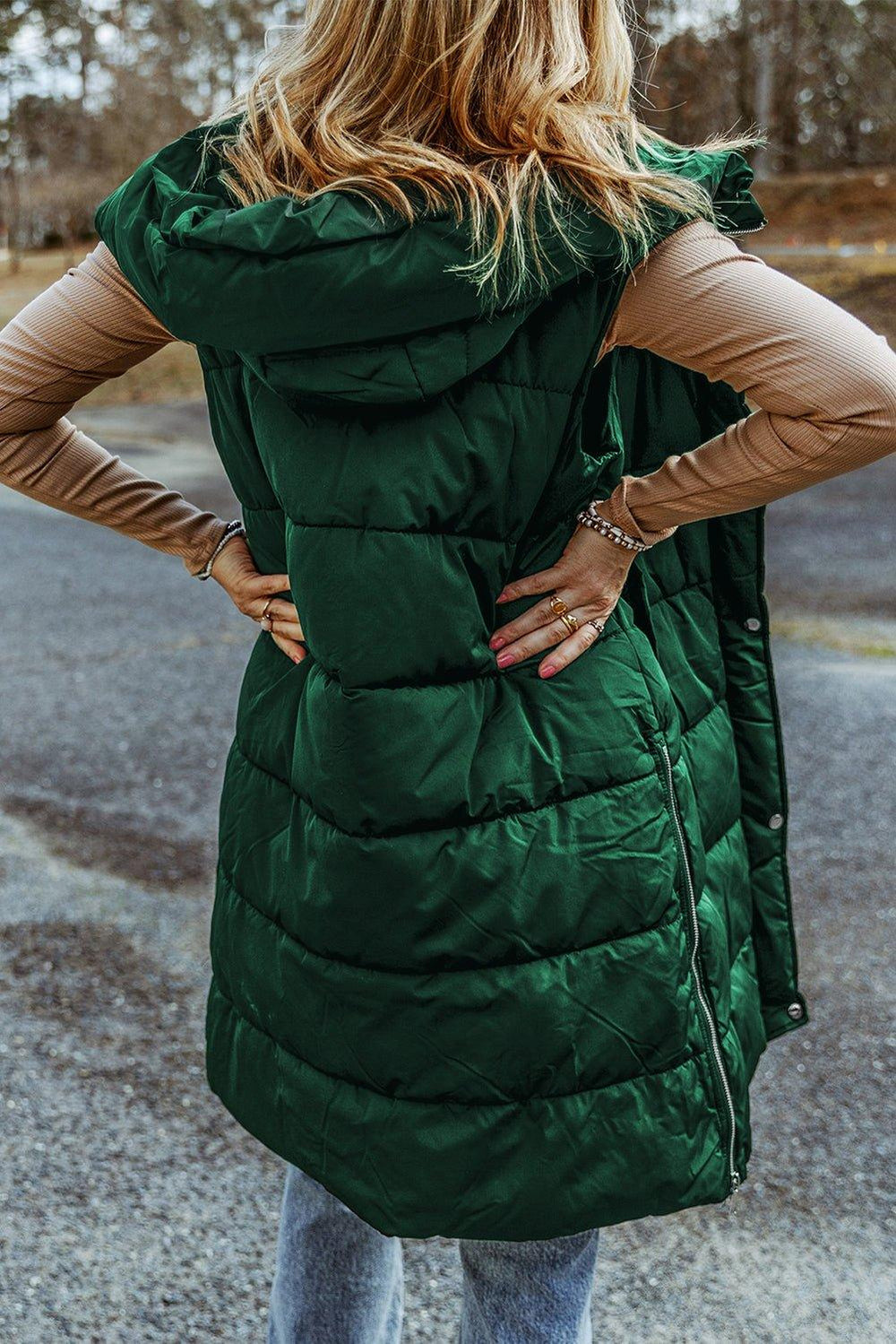 Long Green Hooded Vest Quilted Coat - Klazzi Fashion Boutique