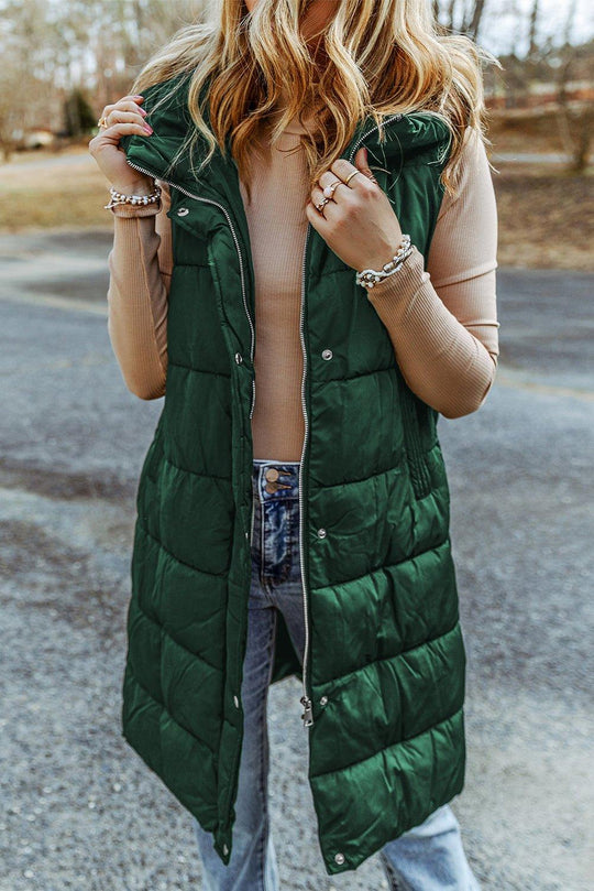 Long Green Hooded Vest Quilted Coat - Klazzi Fashion Boutique