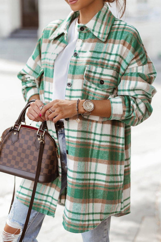 Long Green Plaid Shacket - Klazzi Fashion Boutique