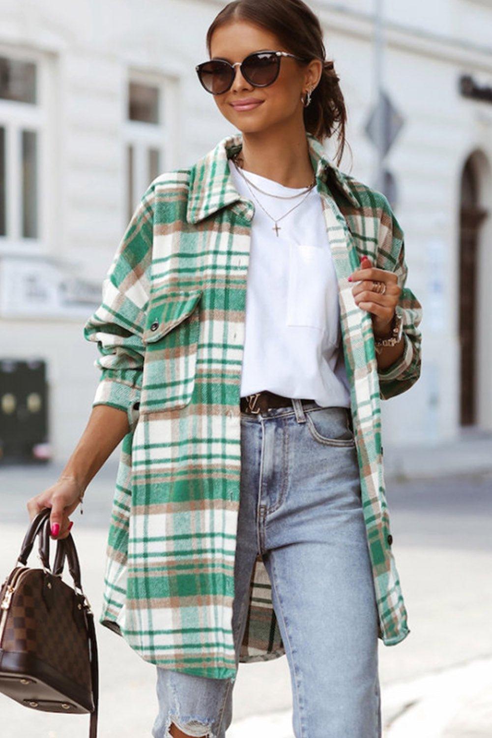 Long Green Plaid Shacket - Klazzi Fashion Boutique