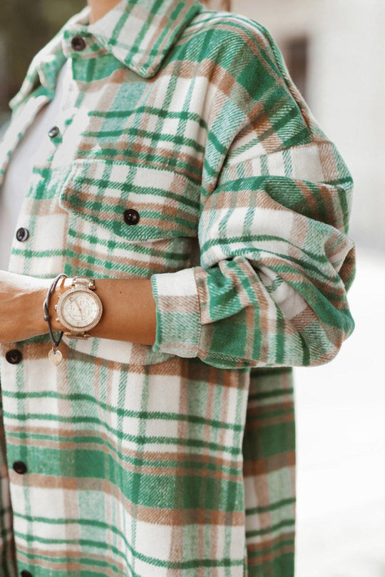 Long Green Plaid Shacket - Klazzi Fashion Boutique