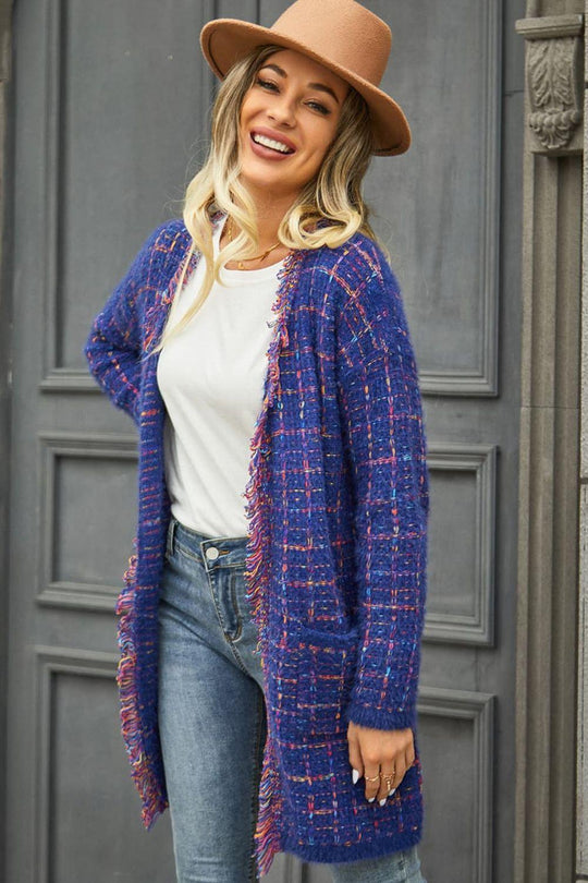 Long Plaid Fringy Trim Cardigan - Klazzi Fashion Boutique