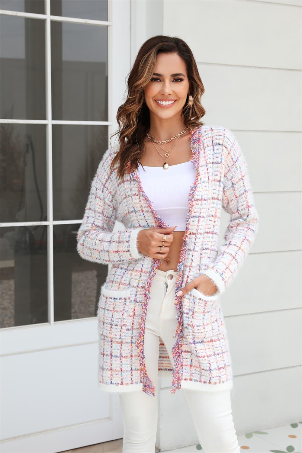 Long Plaid Fringy Trim Cardigan - Klazzi Fashion Boutique