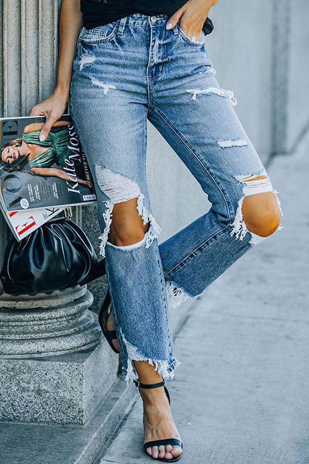 Melrose Ripped Knee High Waist Jeans - Klazzi Fashion Boutique