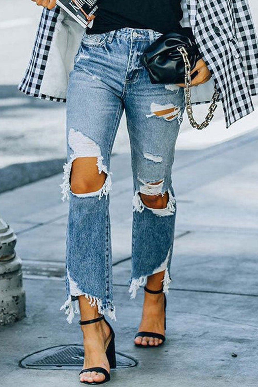 Melrose Ripped Knee High Waist Jeans - Klazzi Fashion Boutique