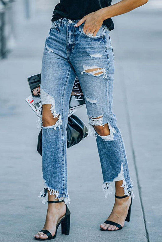 Melrose Ripped Knee High Waist Jeans - Klazzi Fashion Boutique