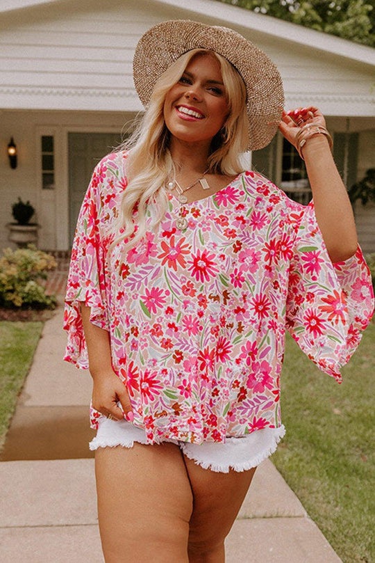 Monica Ruffled Floral Half Sleeve Plus Size Blouse - Klazzi Fashion Boutique