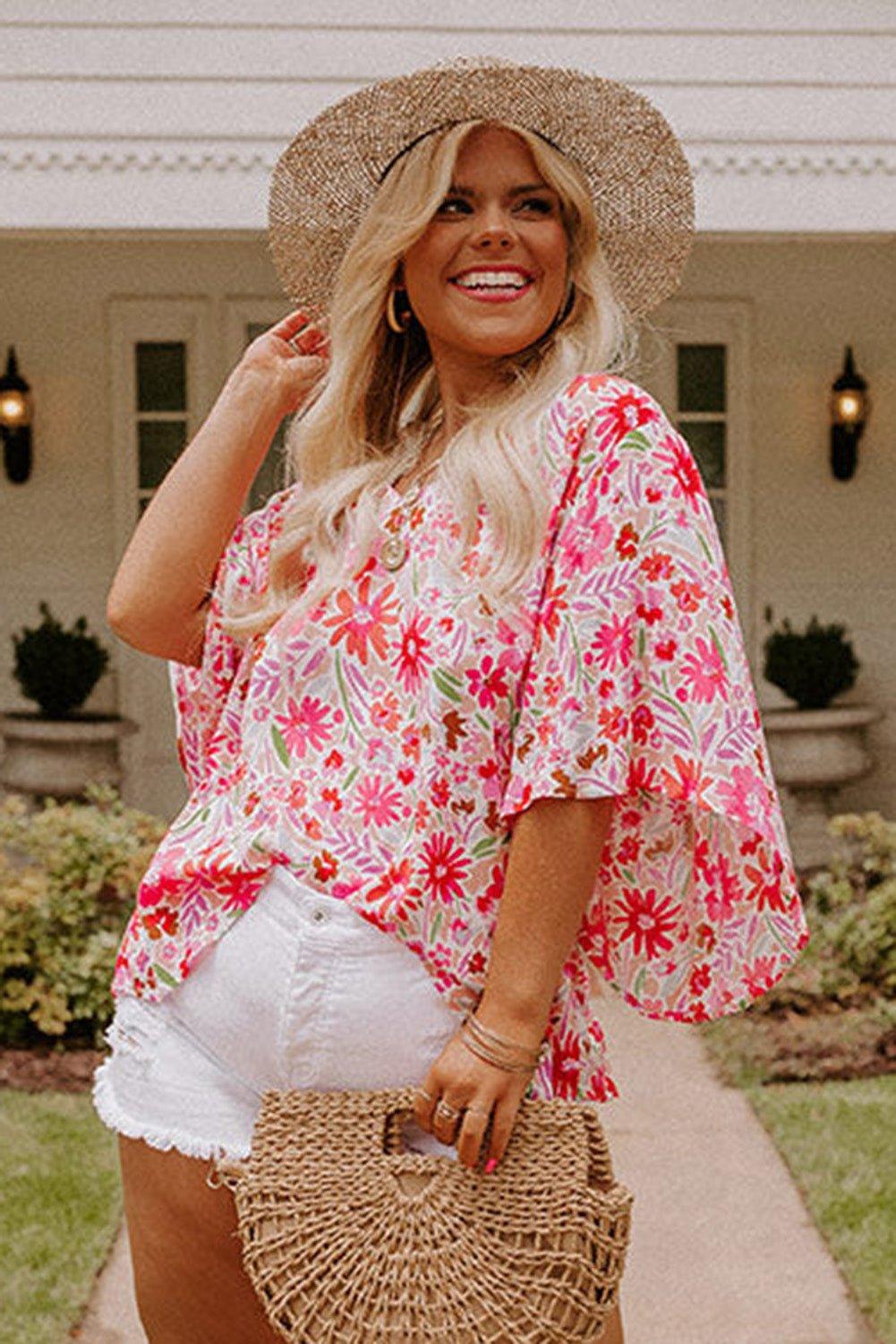 Monica Ruffled Floral Half Sleeve Plus Size Blouse - Klazzi Fashion Boutique