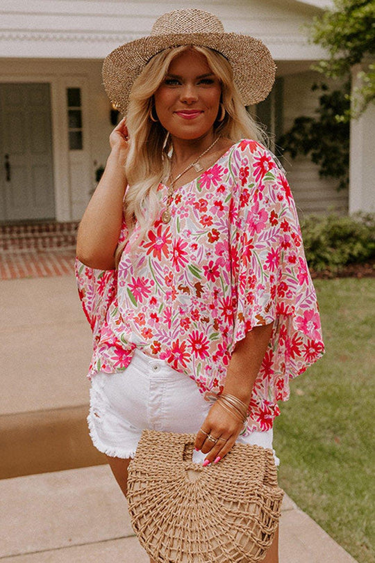 Monica Ruffled Floral Half Sleeve Plus Size Blouse - Klazzi Fashion Boutique