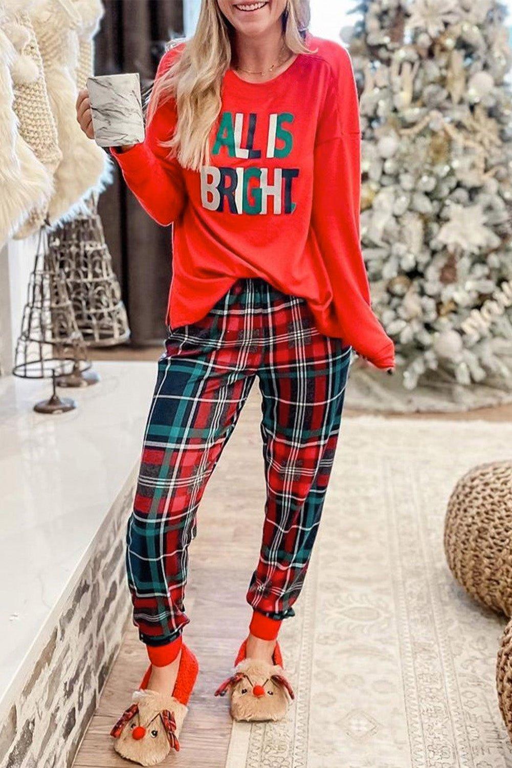 Multicolor Plaid "ALL IS BRIGHT" Graphic Christmas Pajamas Set