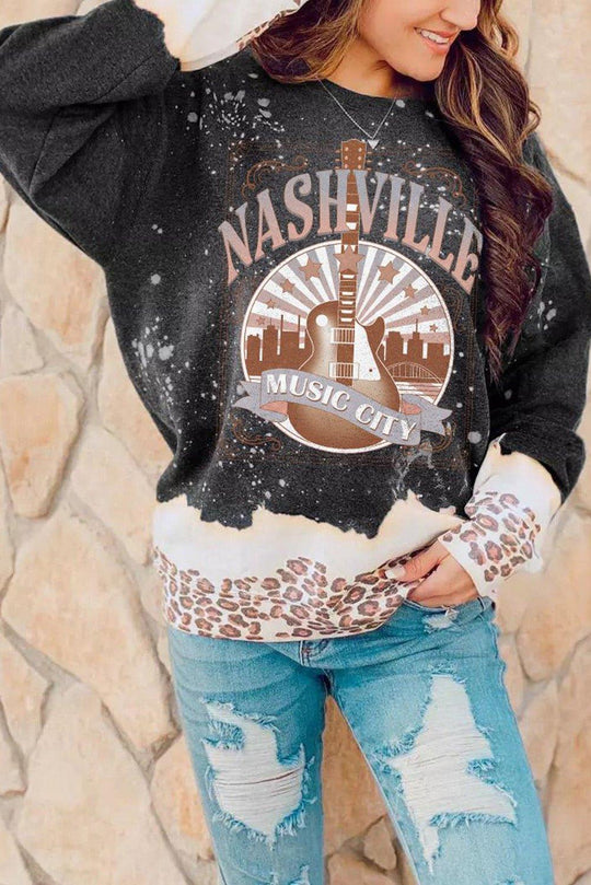 "NASHVILLE" Black Music City Guitar Leopard Sweatshirt - Klazzi Fashion Boutique