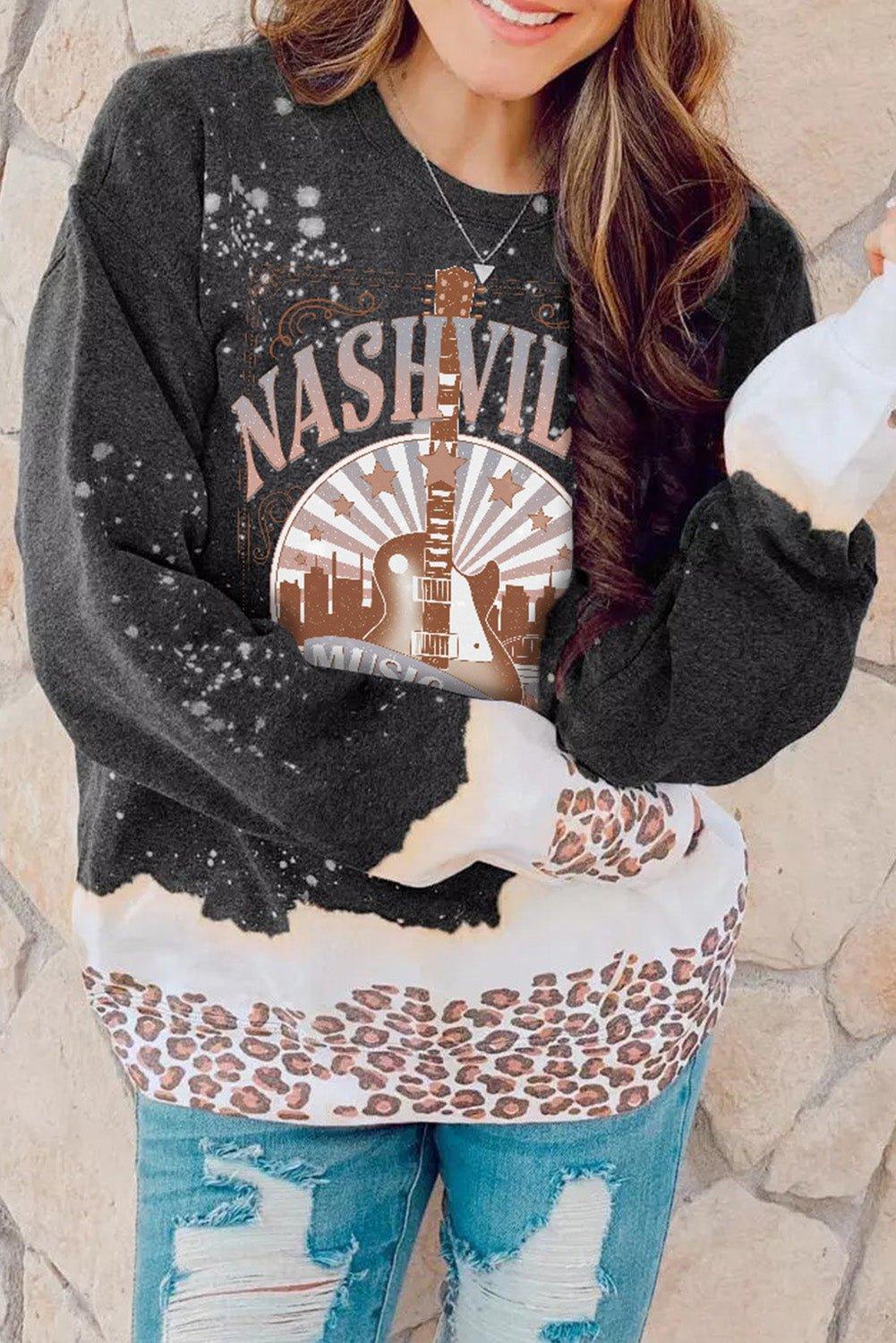 "NASHVILLE" Black Music City Guitar Leopard Sweatshirt - Klazzi Fashion Boutique