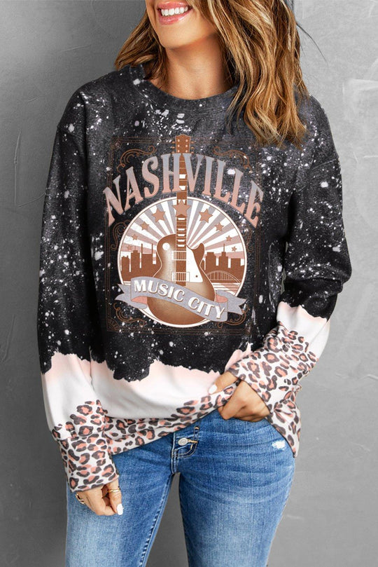 "NASHVILLE" Black Music City Guitar Leopard Sweatshirt - Klazzi Fashion Boutique