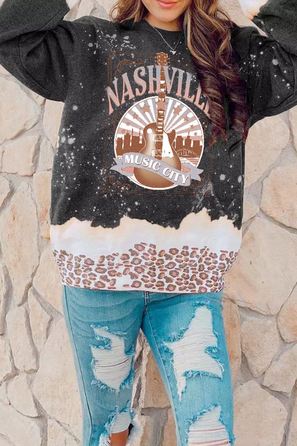 "NASHVILLE" Black Music City Guitar Leopard Sweatshirt - Klazzi Fashion Boutique