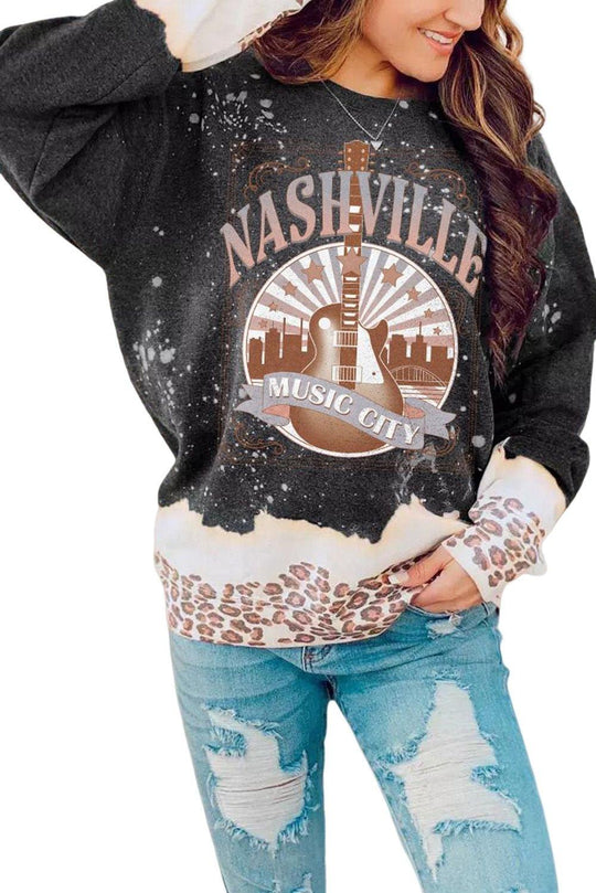 "NASHVILLE" Black Music City Guitar Leopard Sweatshirt - Klazzi Fashion Boutique