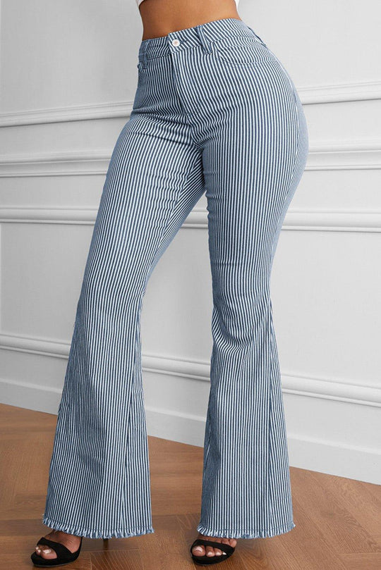 Navy Striped Fringe Flare Denims - Klazzi Fashion Boutique