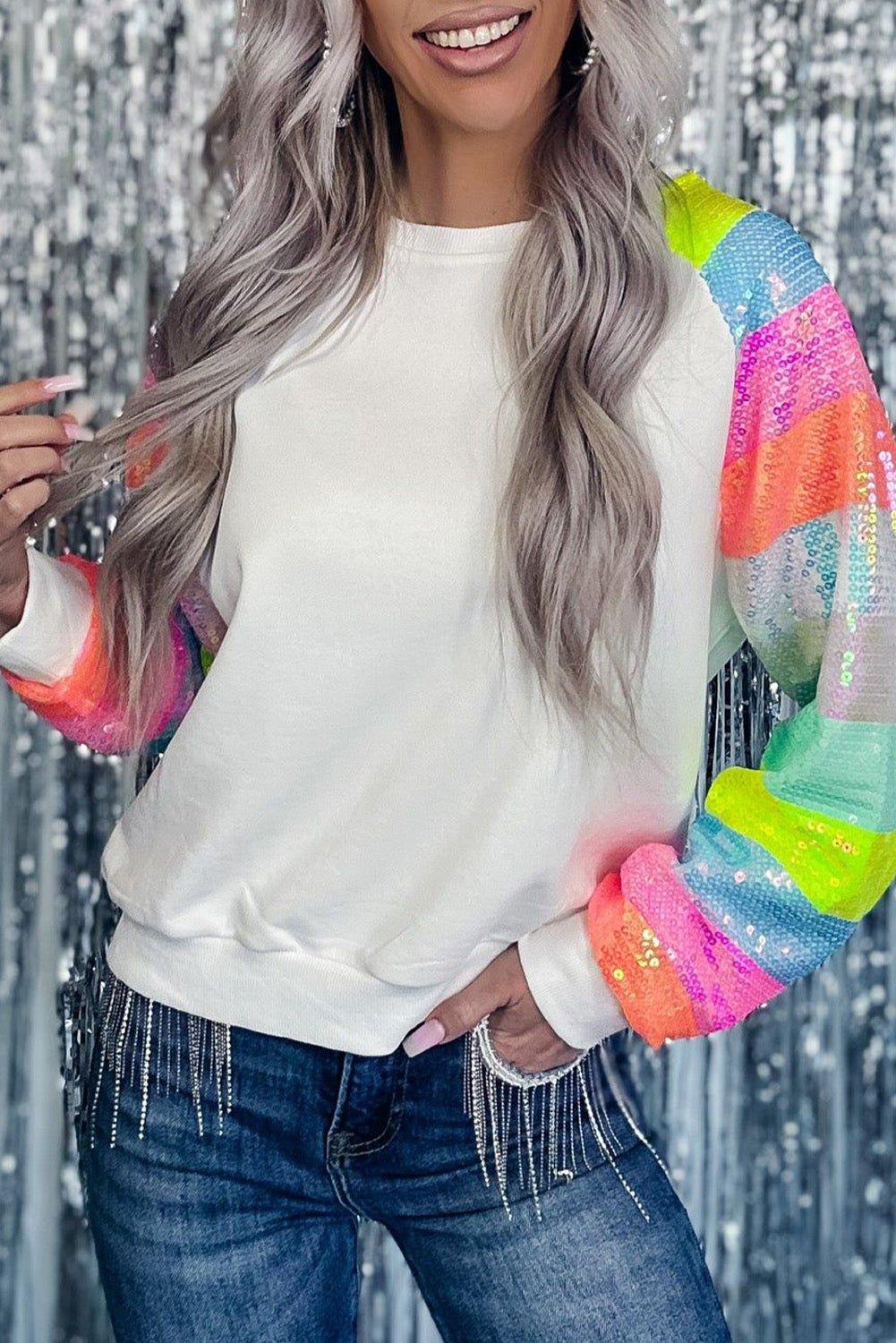 Neon Bright Sequin Raglan Sleeve Sweatshirt - Klazzi Fashion Boutique