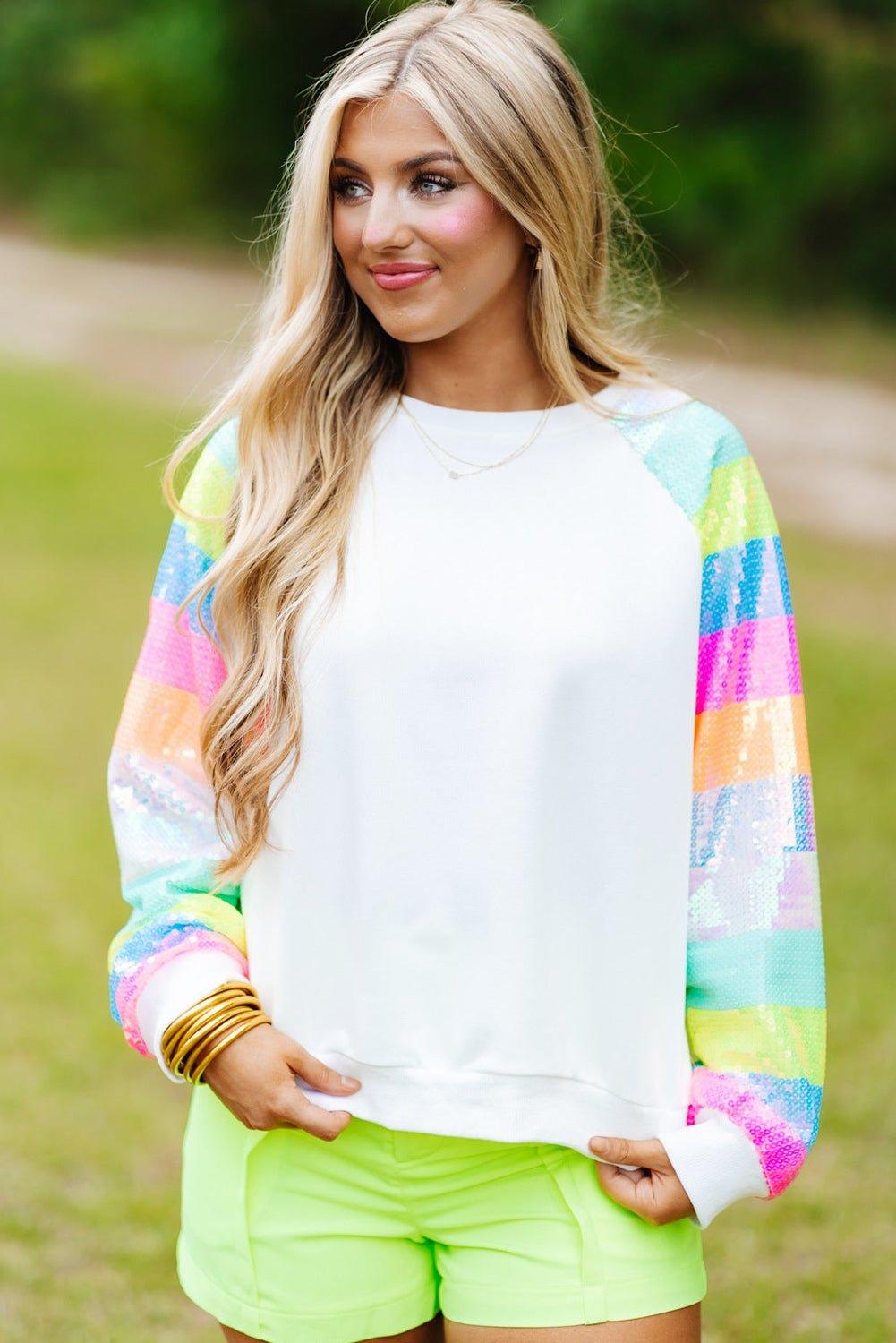 Neon Bright Sequin Raglan Sleeve Sweatshirt - Klazzi Fashion Boutique