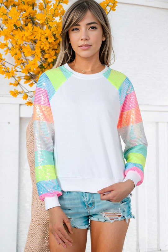 Neon Bright Sequin Raglan Sleeve Sweatshirt - Klazzi Fashion Boutique