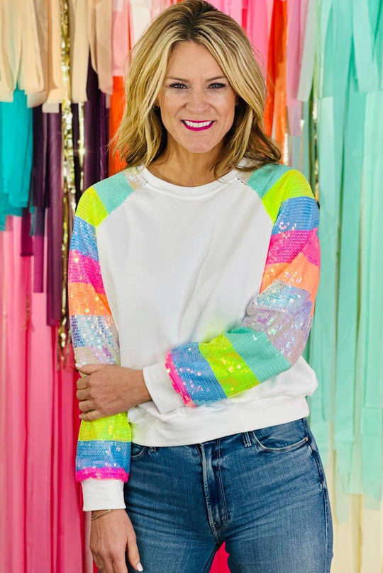 Neon Bright Sequin Raglan Sleeve Sweatshirt - Klazzi Fashion Boutique