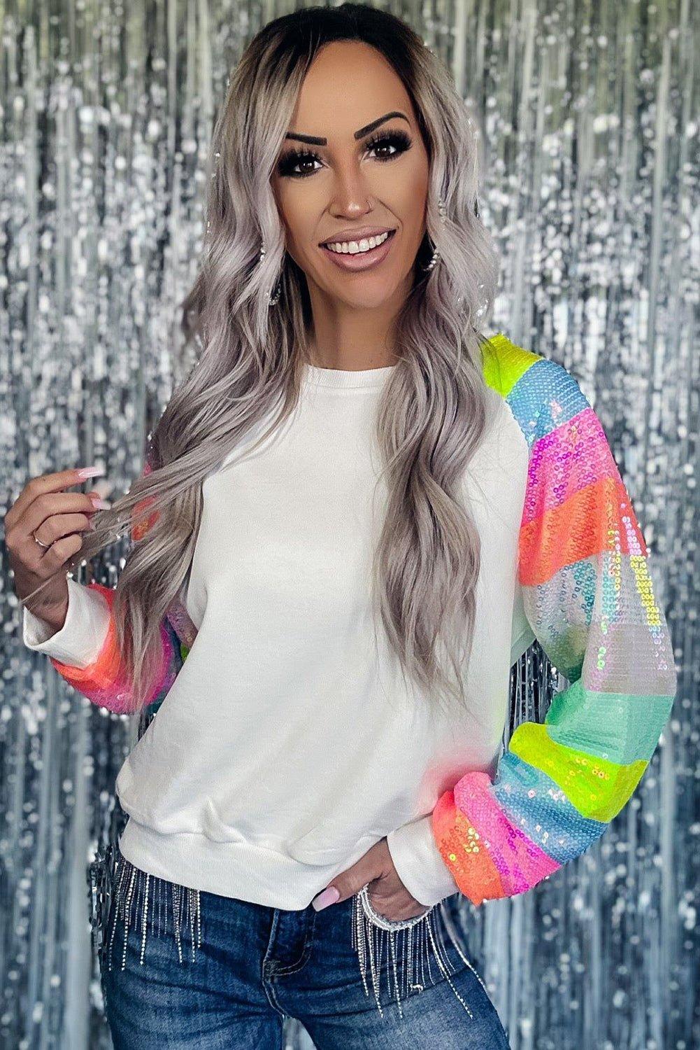 Neon Bright Sequin Raglan Sleeve Sweatshirt - Klazzi Fashion Boutique