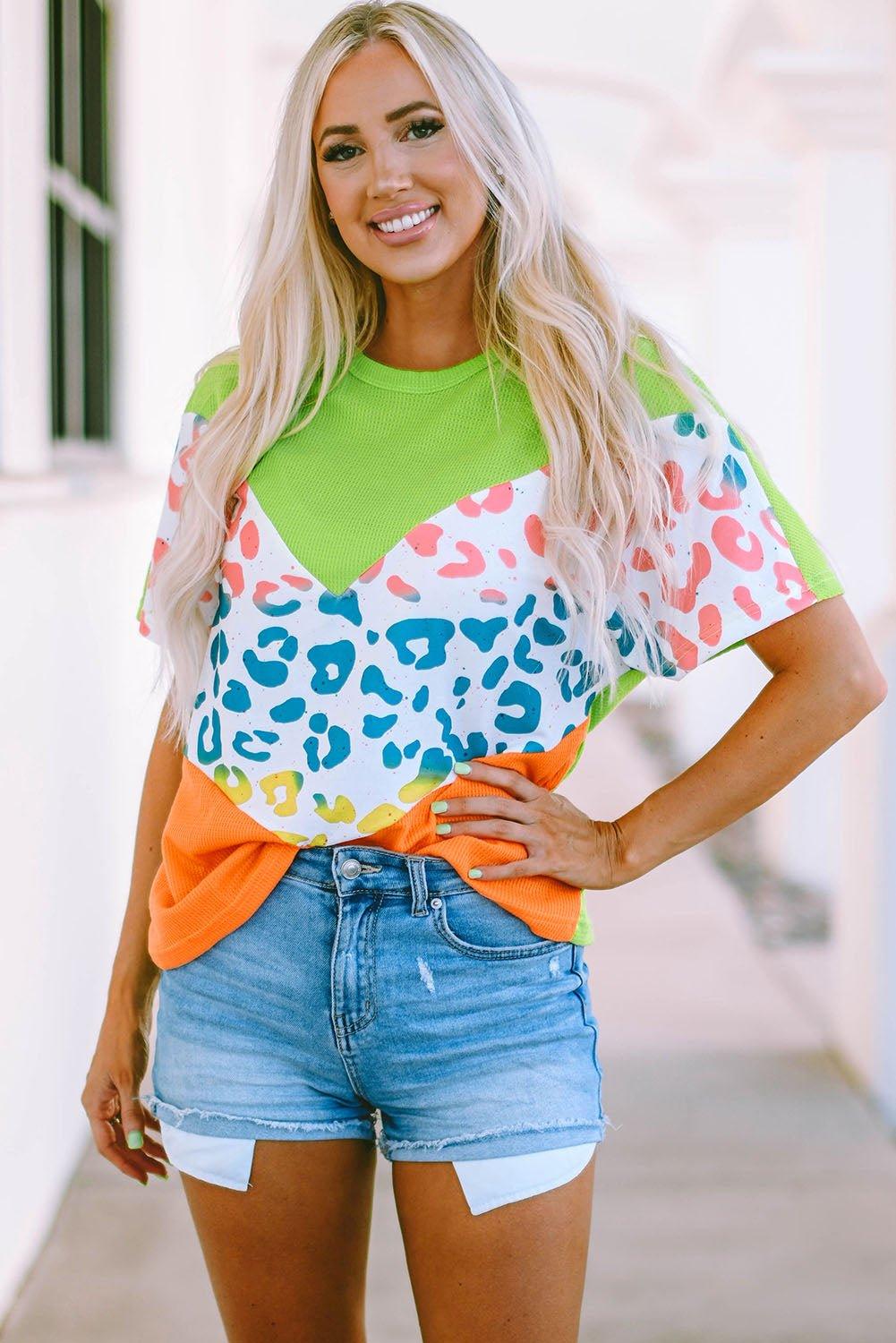 Neon Leopard Waffle Knit T-Shirt - Klazzi Fashion Boutique