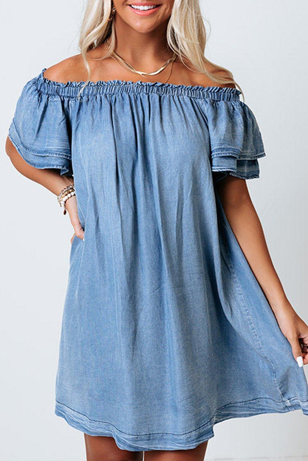 Off-shoulder Ruffle Sleeves Chambray Dress - Klazzi Fashion Boutique