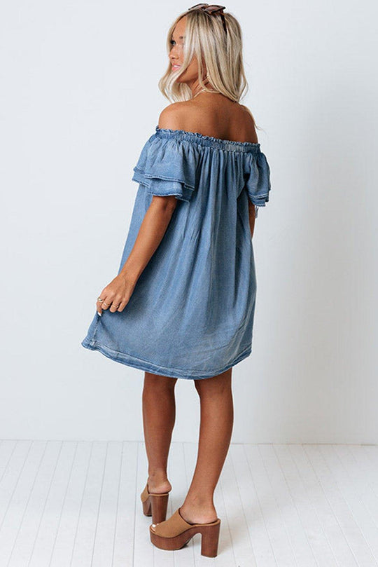 Off-shoulder Ruffle Sleeves Chambray Dress - Klazzi Fashion Boutique