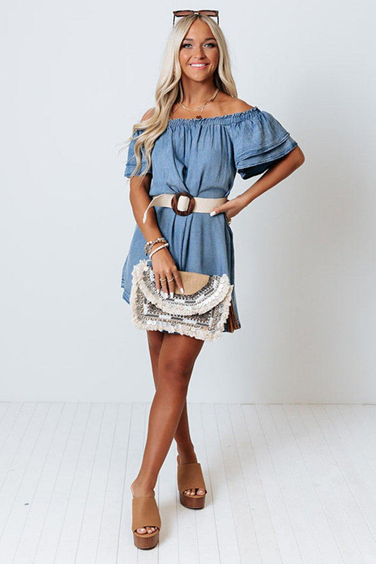 Off-shoulder Ruffle Sleeves Chambray Dress - Klazzi Fashion Boutique