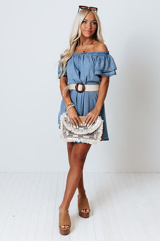 Off-shoulder Ruffle Sleeves Chambray Dress - Klazzi Fashion Boutique