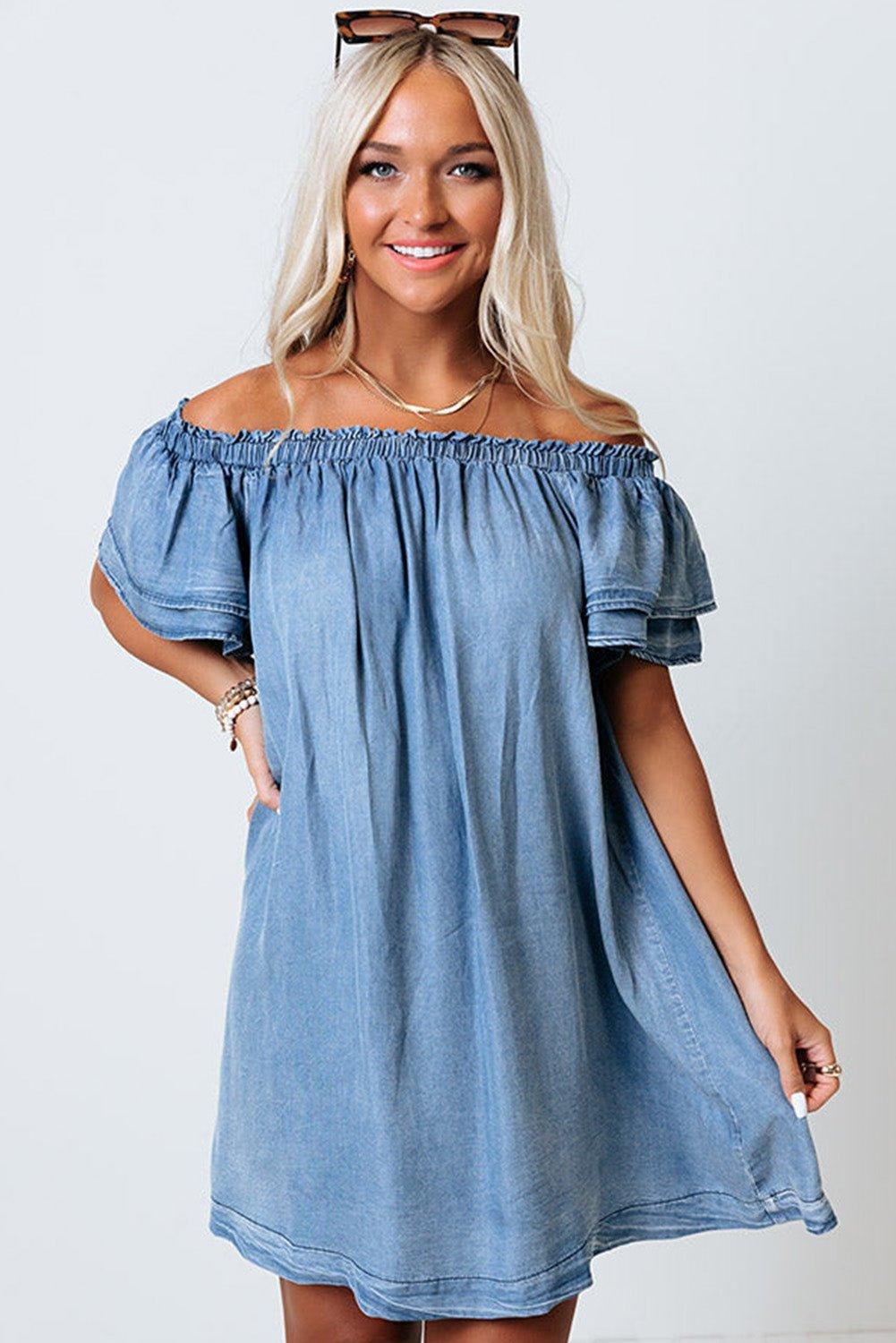 Off-shoulder Ruffle Sleeves Chambray Dress - Klazzi Fashion Boutique