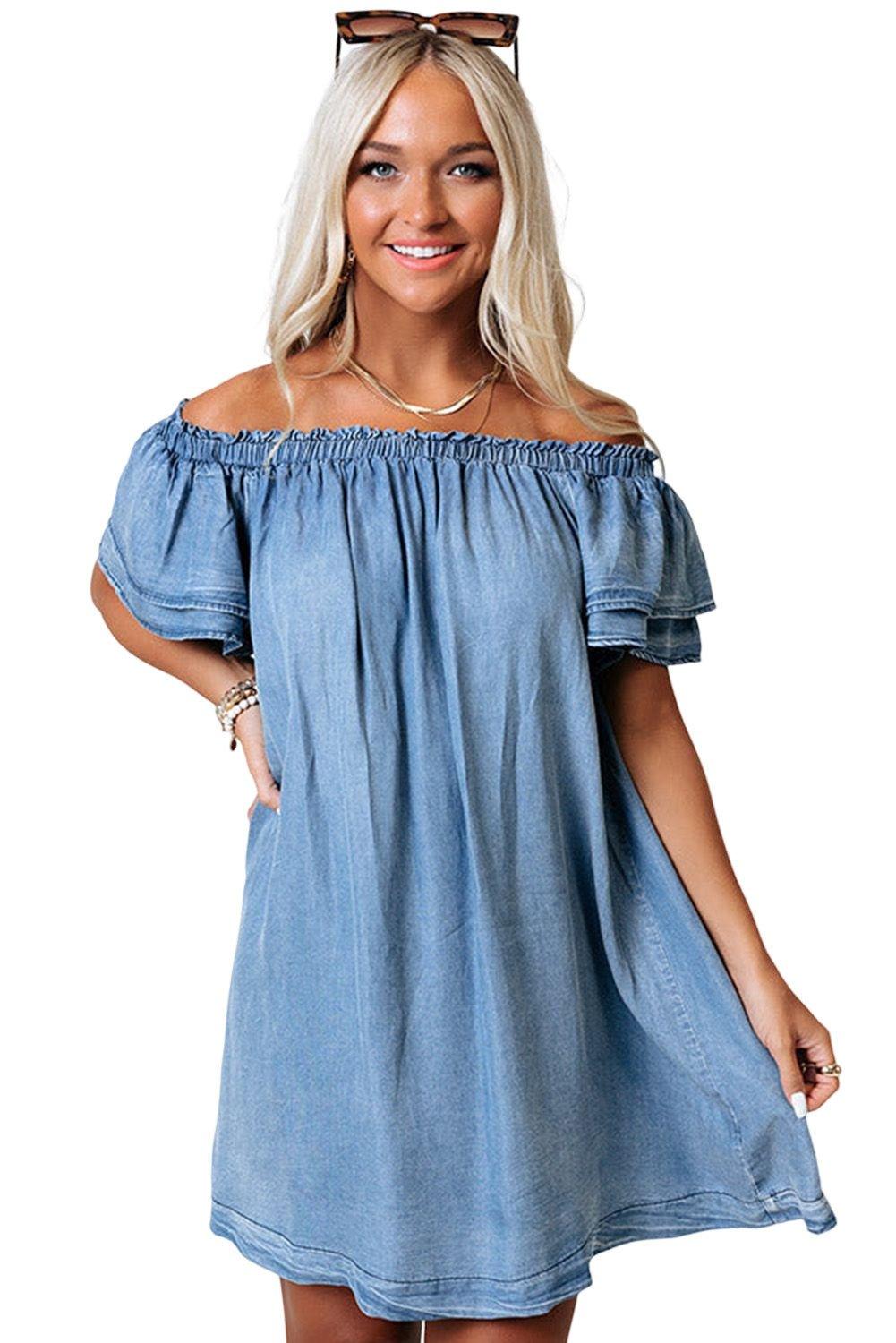 Off-shoulder Ruffle Sleeves Chambray Dress - Klazzi Fashion Boutique