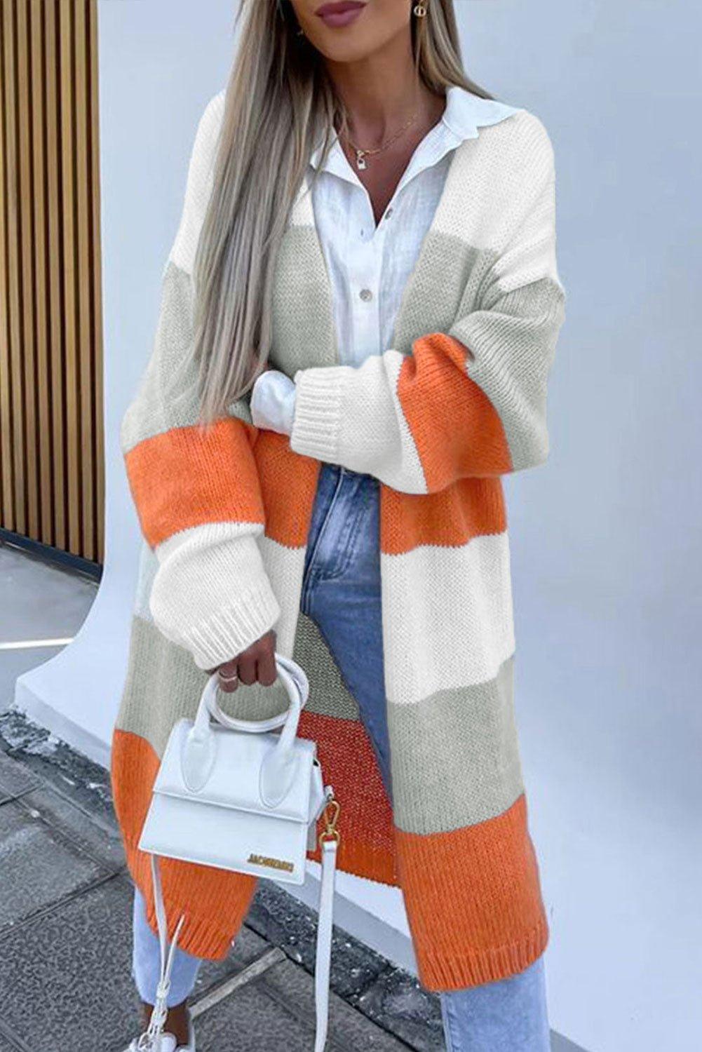 Orange and Gray Striped Midi Cardigan - Klazzi Fashion Boutique