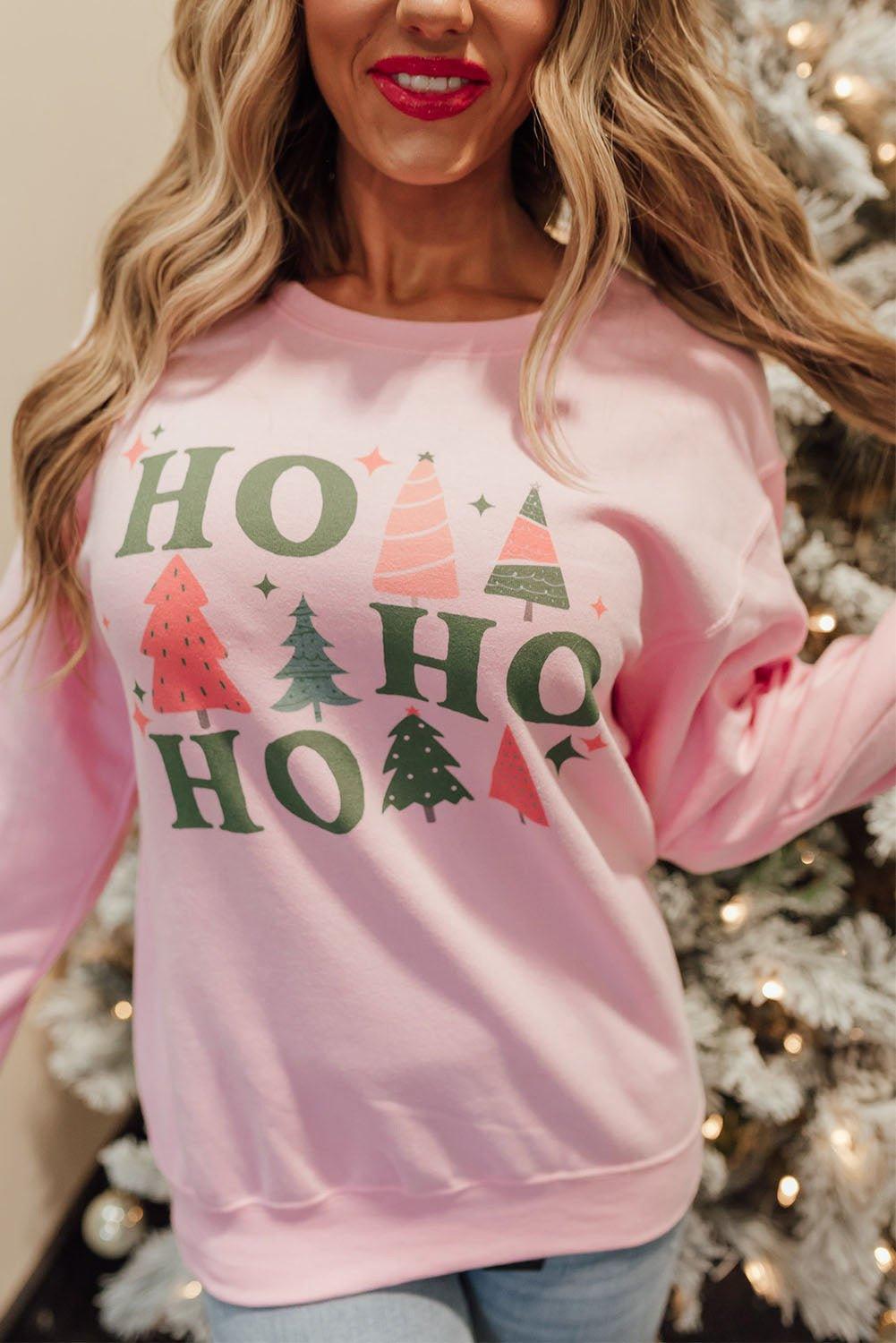Pink Christmas "HO, HO, HO" Graphic Sweatshirt - Klazzi Fashion Boutique