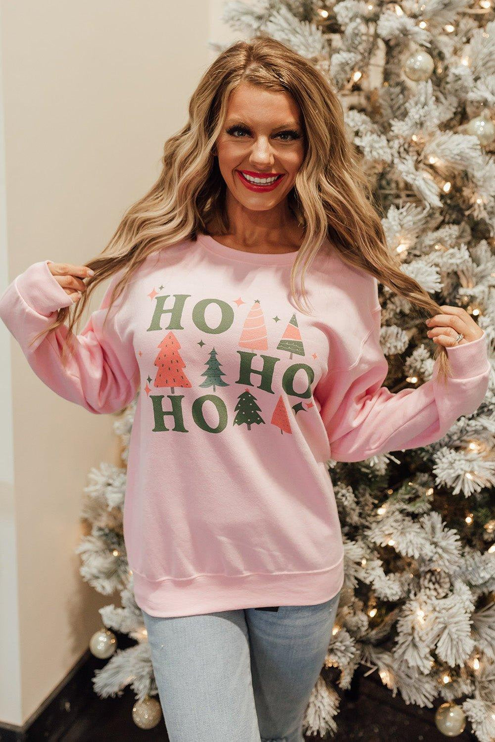 Pink Christmas "HO, HO, HO" Graphic Sweatshirt - Klazzi Fashion Boutique