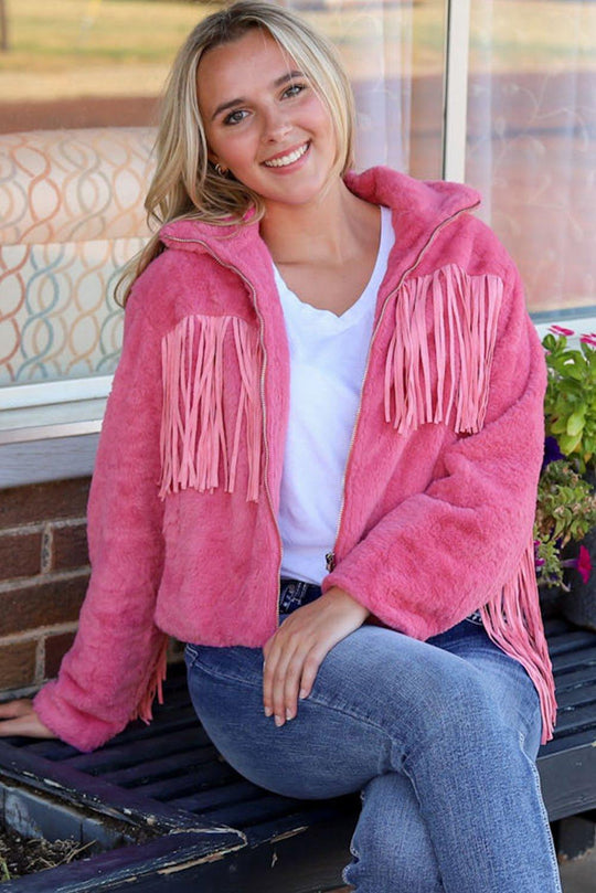 Pink Fringy Fleece Jacket - Klazzi Fashion Boutique