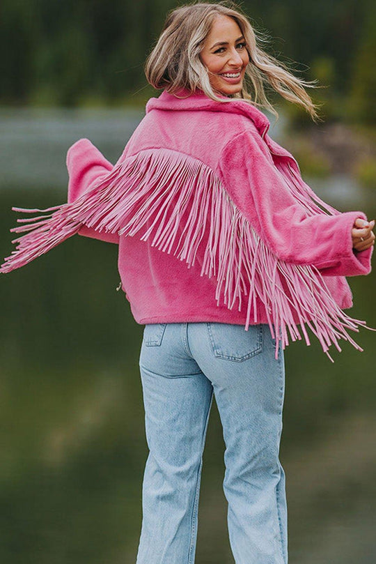 Pink Fringy Fleece Jacket - Klazzi Fashion Boutique