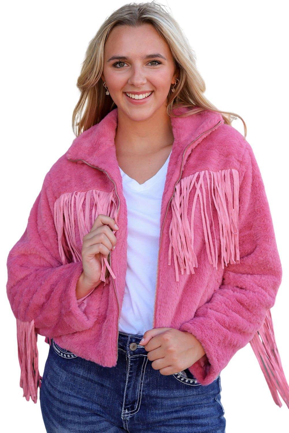 Pink Fringy Fleece Jacket - Klazzi Fashion Boutique